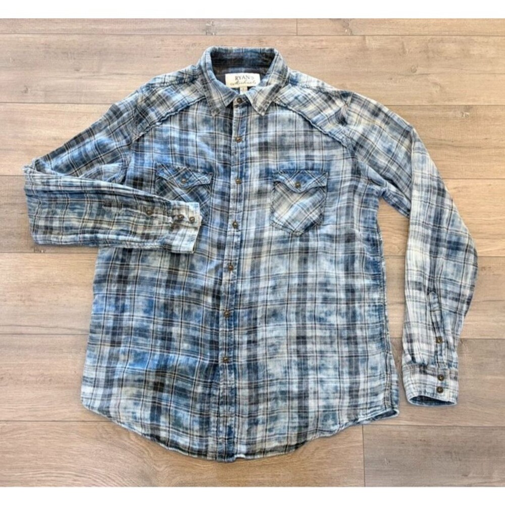 Ryan Michael Shirt Mens Large Blue Plaid Western Snap Western Cowboy Work